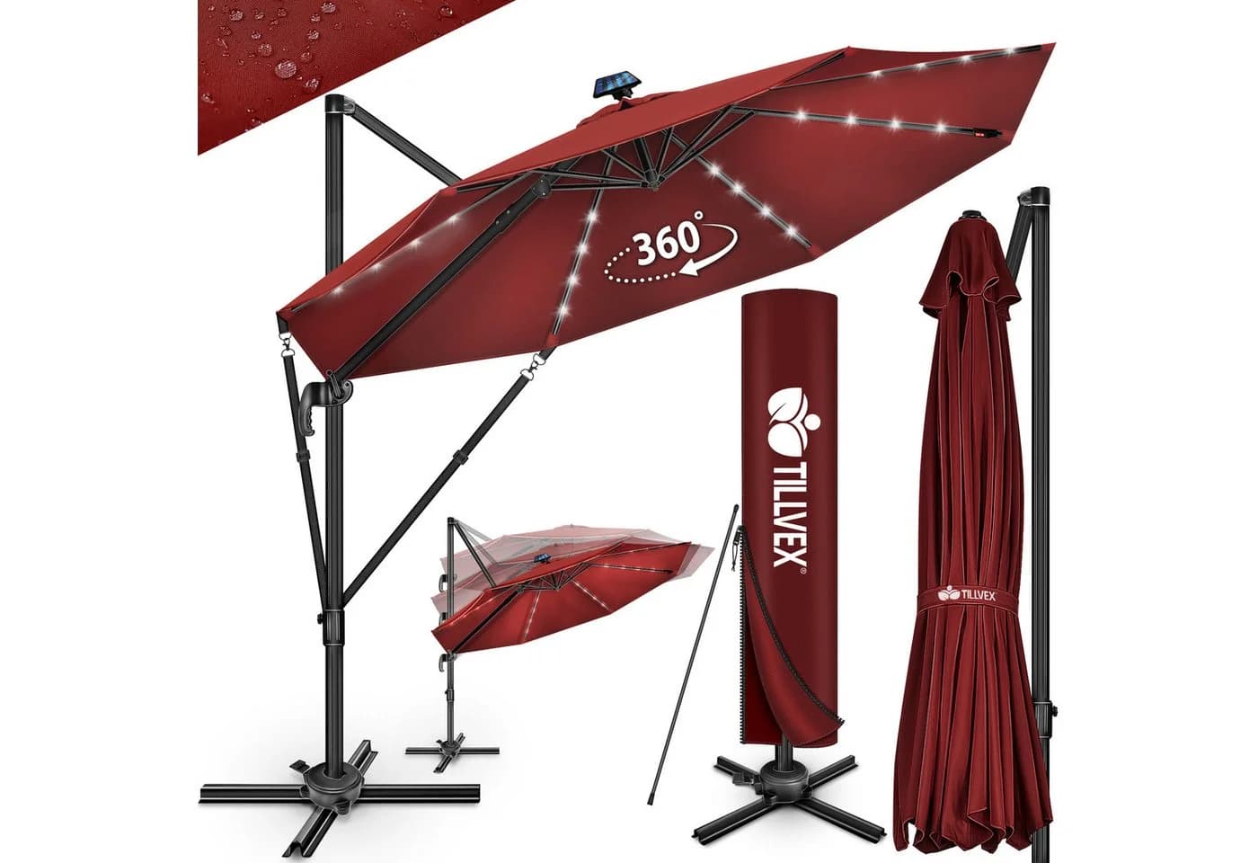 tillvex LED Sonnenschirm 330 cm Rot Aluminium 360° Drehbar - Bild 2