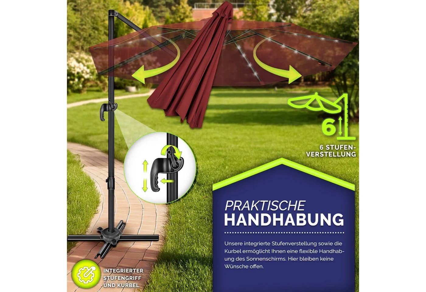tillvex LED Sonnenschirm 330 cm Rot Aluminium 360° Drehbar - Bild 3
