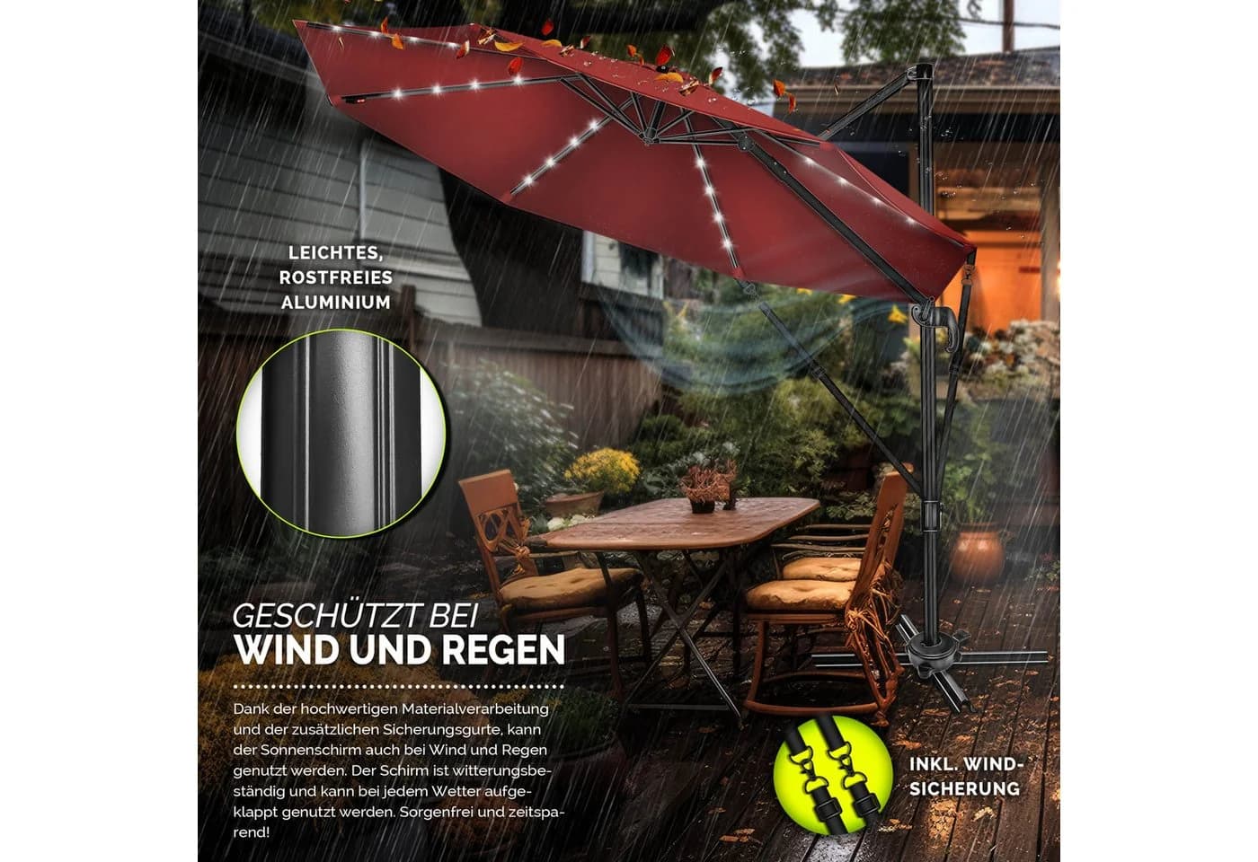 tillvex LED Sonnenschirm 330 cm Rot Aluminium 360° Drehbar - Bild 4