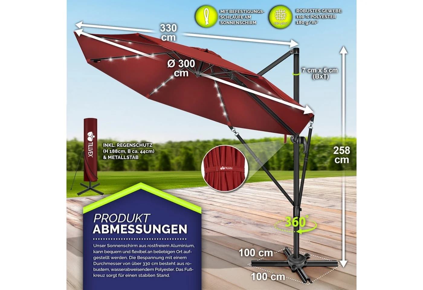 tillvex LED Sonnenschirm 330 cm Rot Aluminium 360° Drehbar - Bild 5