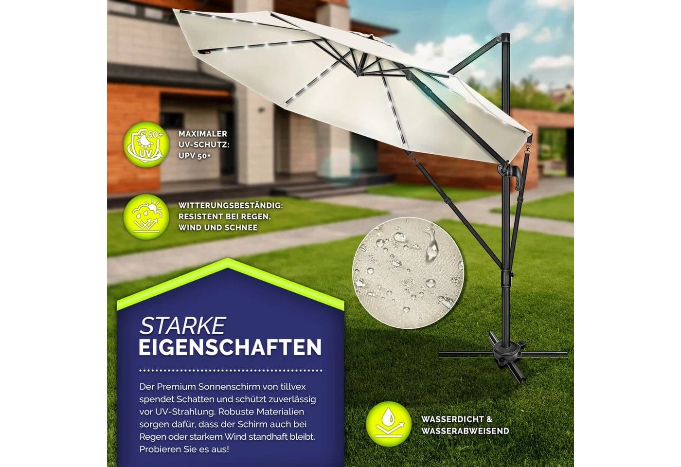 tillvex LED Sonnenschirm 330 cm Aluminium Beige Premium