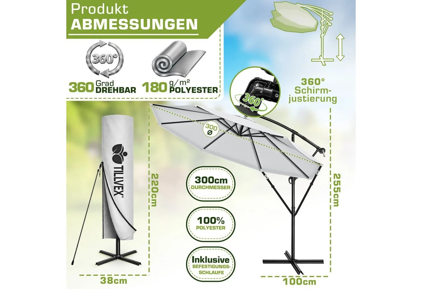 tillvex Sonnenschirm 300-350 cm Kurbel Ampelschirm mit Ständer