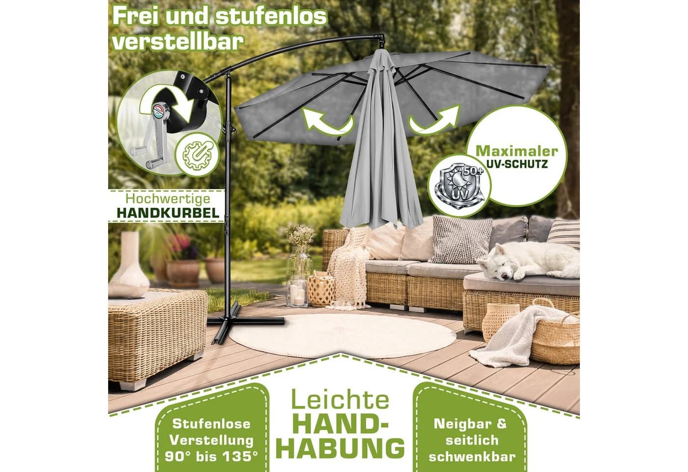 tillvex Sonnenschirm 300-350 cm Kurbel Ampelschirm mit Ständer - Bild 3