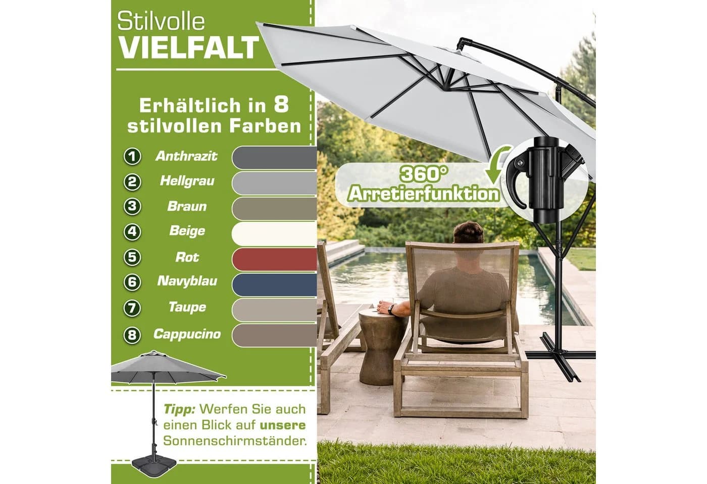 tillvex Sonnenschirm 300-350 cm Kurbel Ampelschirm mit Ständer - Bild 5