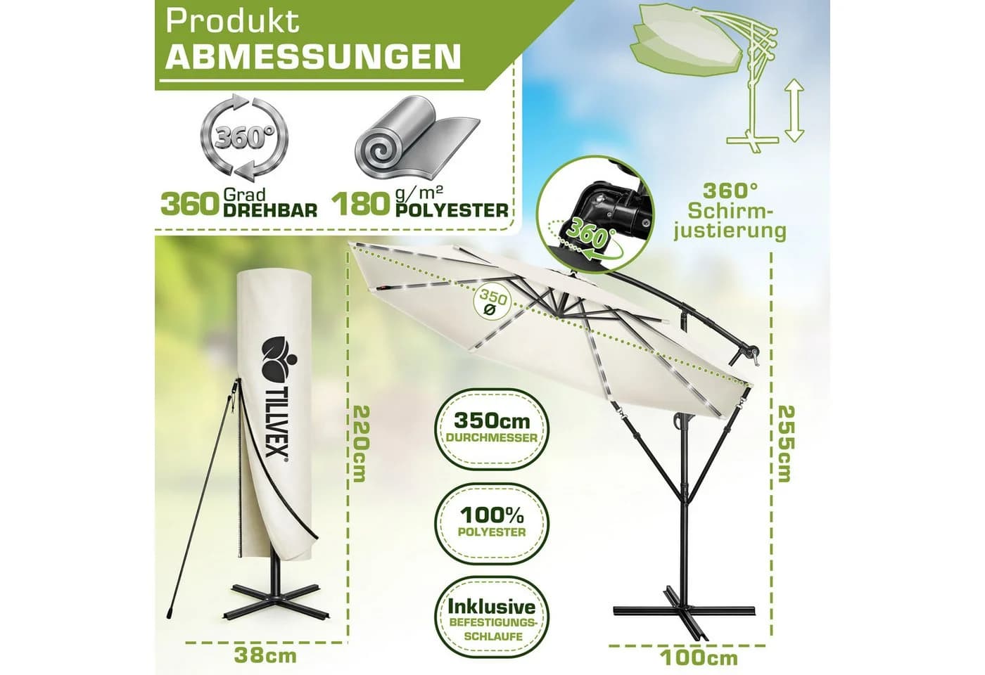 tillvex Sonnenschirm LED Solar Ø 3m Beige Aluminium