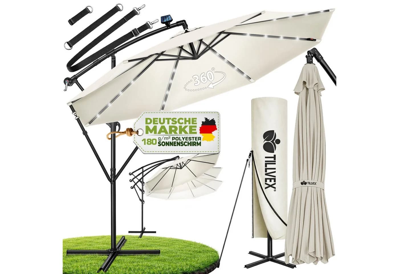 tillvex Sonnenschirm LED Solar Ø 3m Beige Aluminium - Bild 2