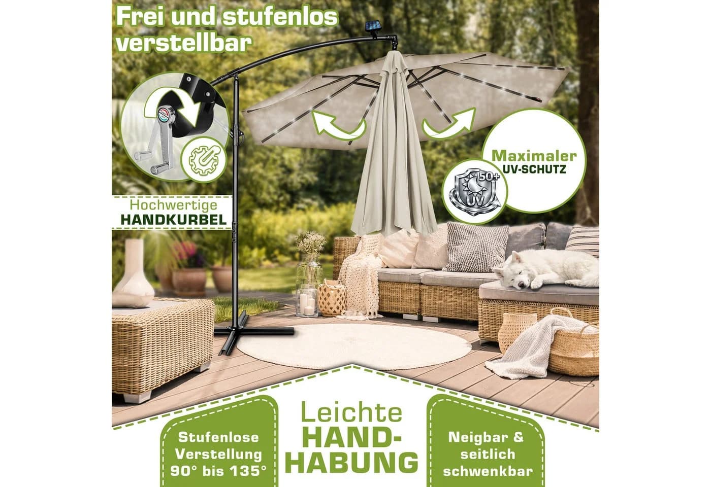 tillvex Sonnenschirm LED Solar Ø 3m Beige Aluminium - Bild 3