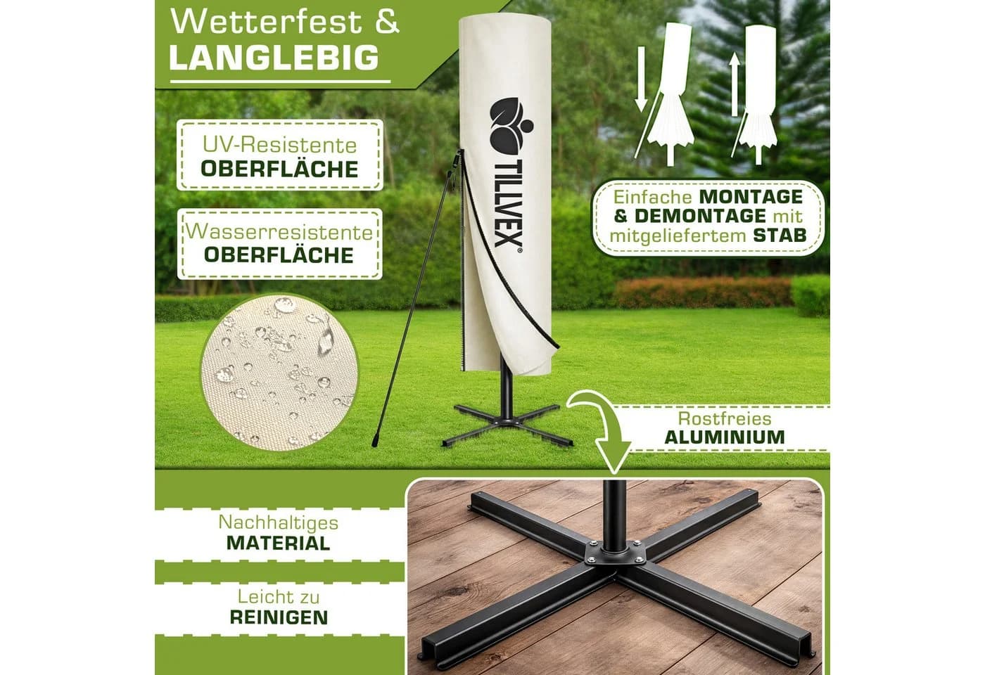 tillvex Sonnenschirm LED Solar Ø 3m Beige Aluminium - Bild 4