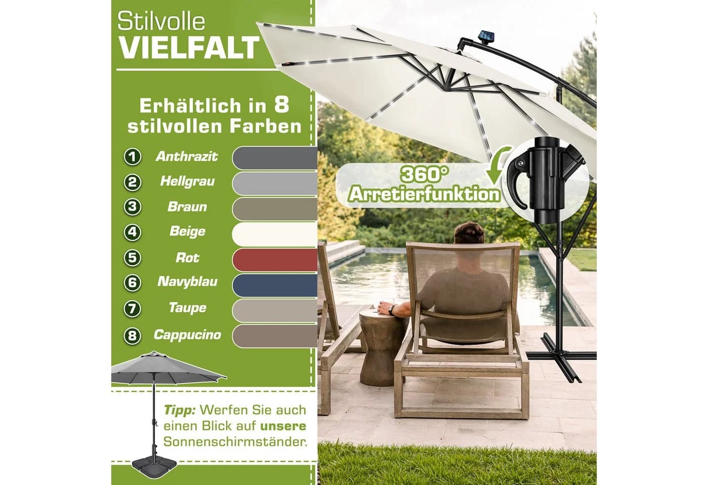 tillvex Sonnenschirm LED Solar Ø 3m Beige Aluminium - Bild 5