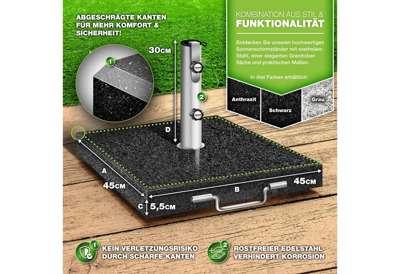tillvex Granit Sonnenschirmständer Eckig Anthrazit mit Rollen
