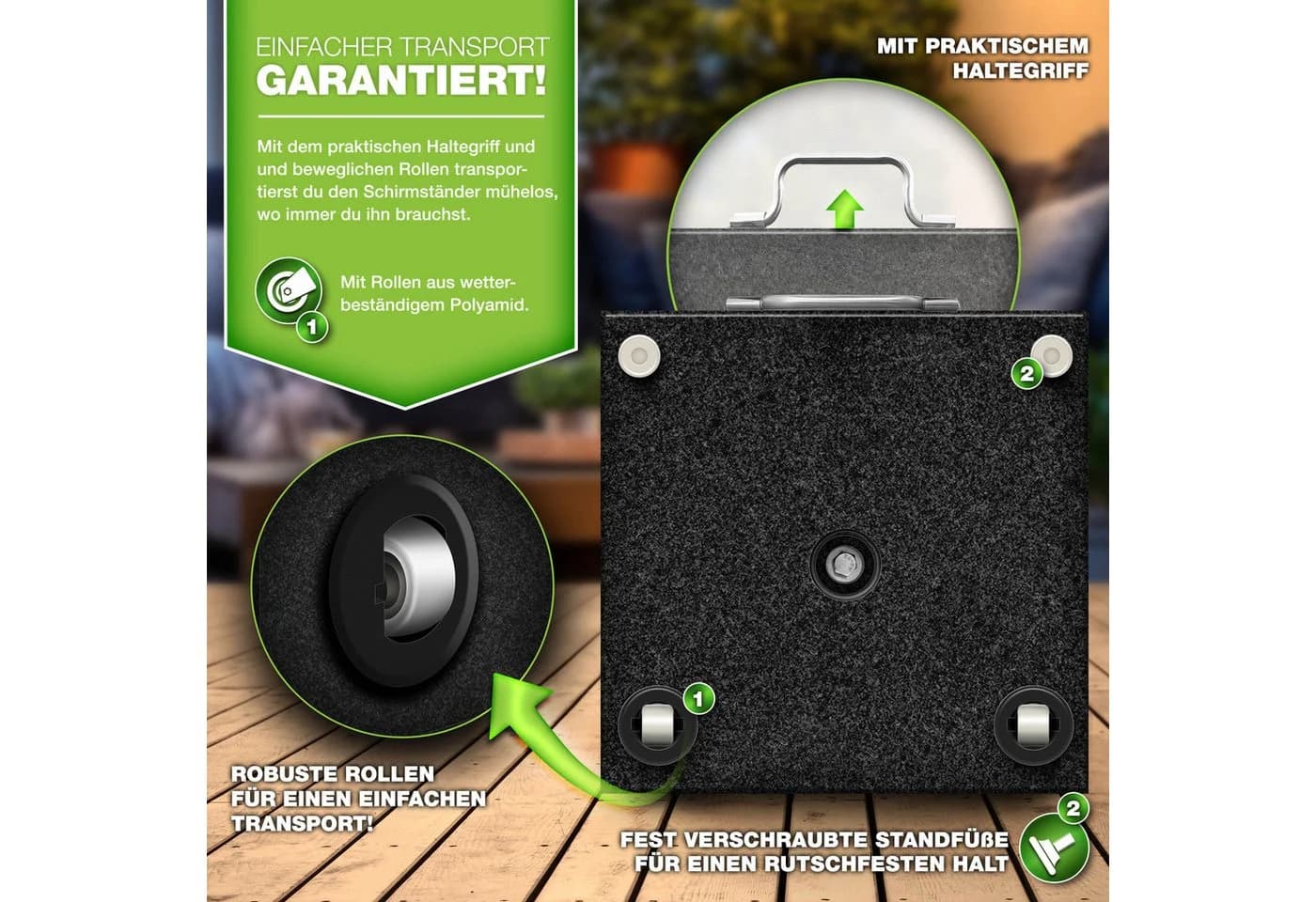 tillvex Granit Sonnenschirmständer Eckig Anthrazit mit Rollen - Bild 4