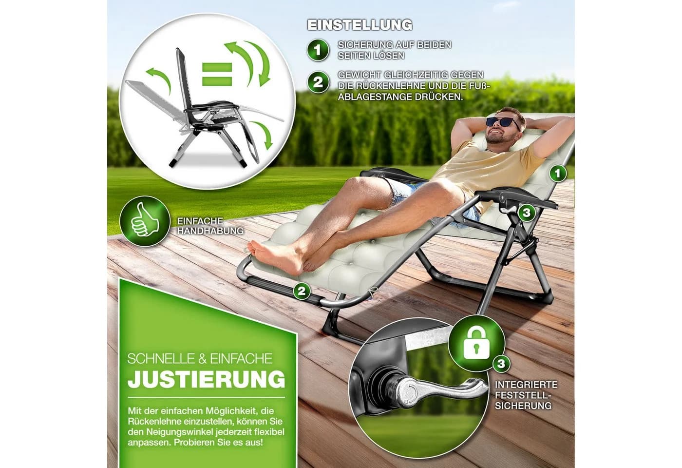 tillvex Gartenliege Klappbar Beige 200kg Traglast mit Kopfkissen - Bild 3