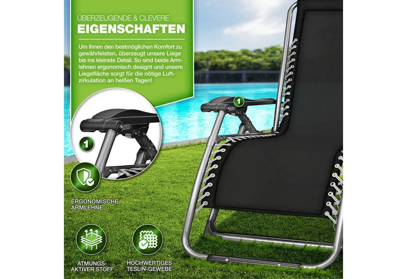 tillvex Gartenliege Klappbar Beige 200kg Traglast mit Kopfkissen - Bild 4