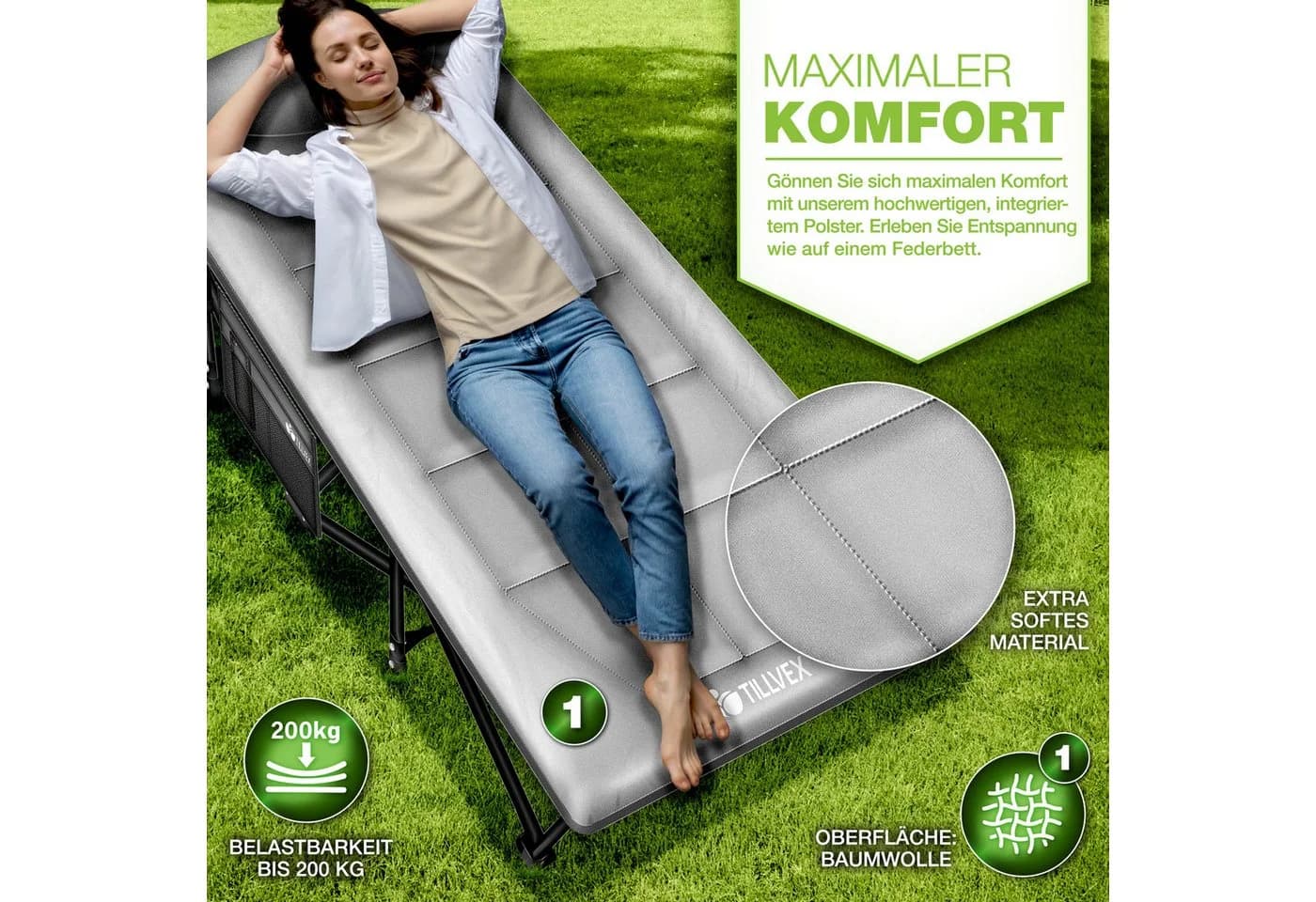 tillvex Klappbett Campingliege Grau mit Kopfkissen - Bild 3