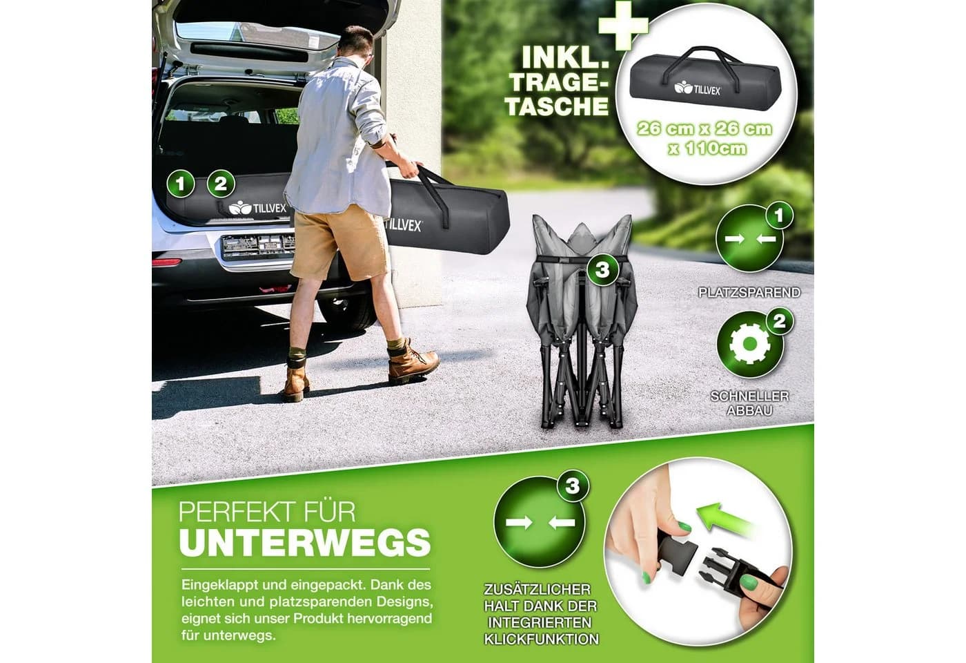 tillvex Klappbett Campingliege Grau mit Kopfkissen - Bild 4