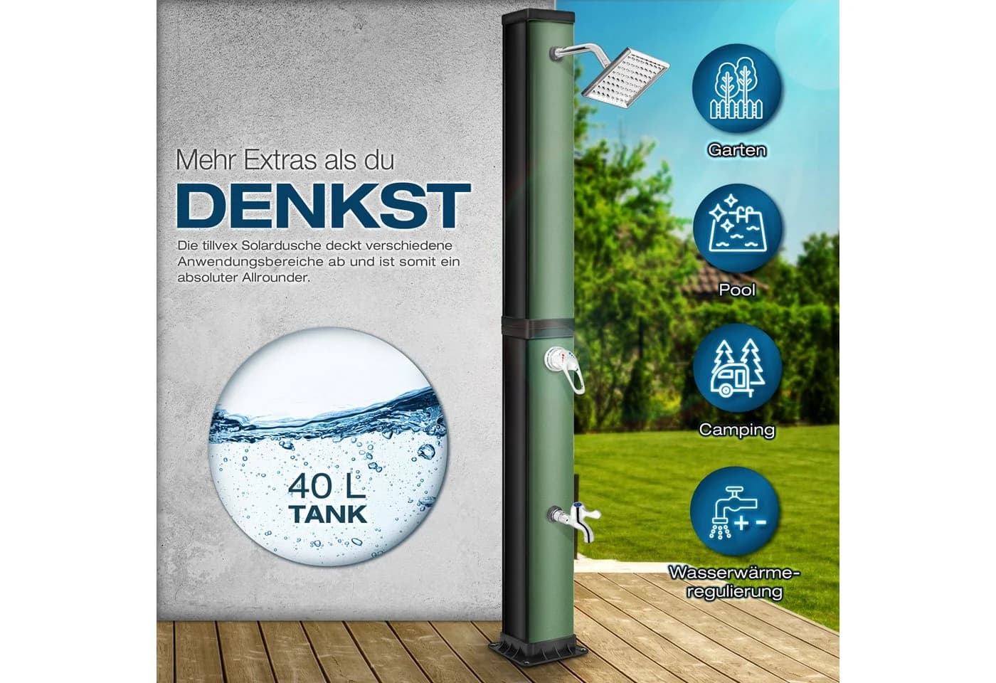 tillvex Solardusche 40 Liter Schwarz/Grün mit Regenduschkopf