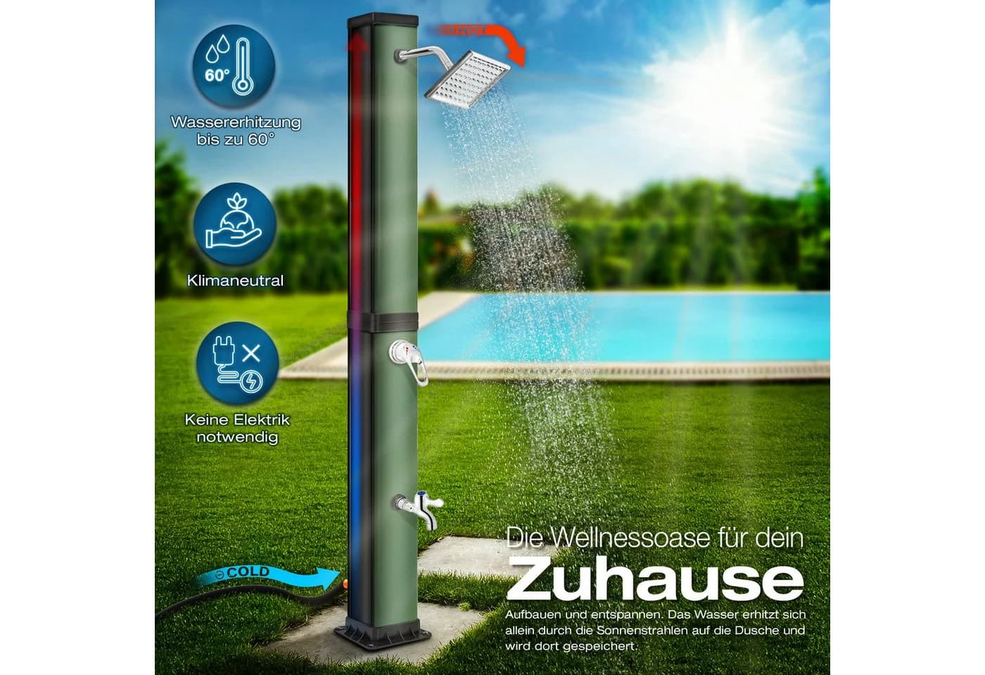 tillvex Solardusche 40 Liter Schwarz/Grün mit Regenduschkopf - Bild 3