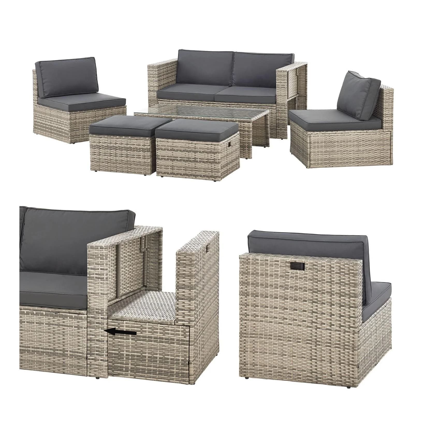 Juskys Gartenlounge-Set Salou 6-tlg. Grau Polyrattan mit Kissen