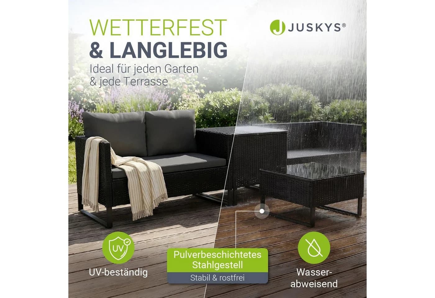 Juskys Gartenlounge-Set Santorini 4-tlg. Schwarz/Grau Polyrattan - Bild 2