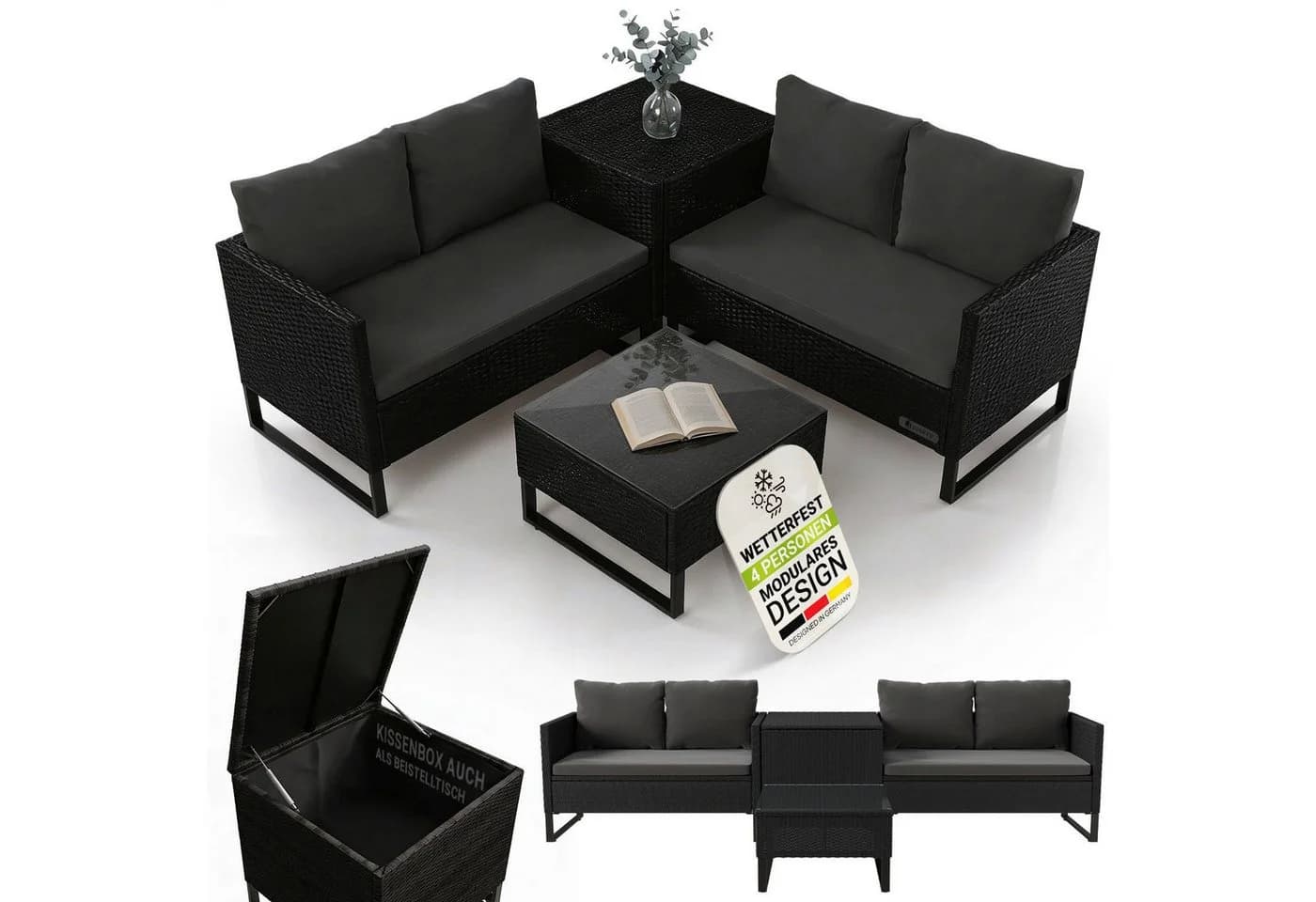 Juskys Gartenlounge-Set Santorini 4-tlg. Schwarz/Grau Polyrattan - Bild 3