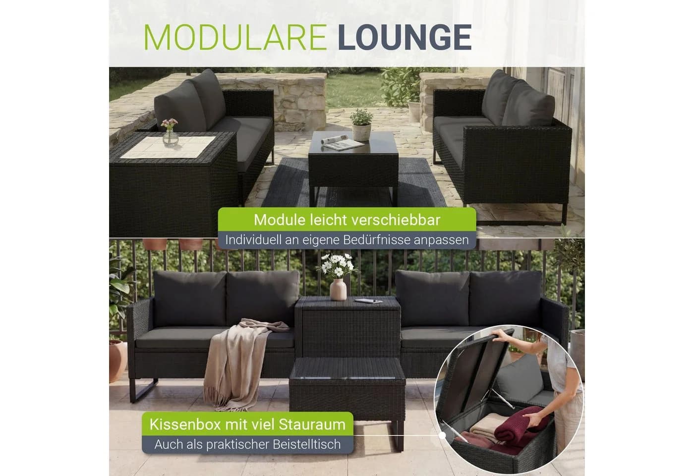 Juskys Gartenlounge-Set Santorini 4-tlg. Schwarz/Grau Polyrattan - Bild 5