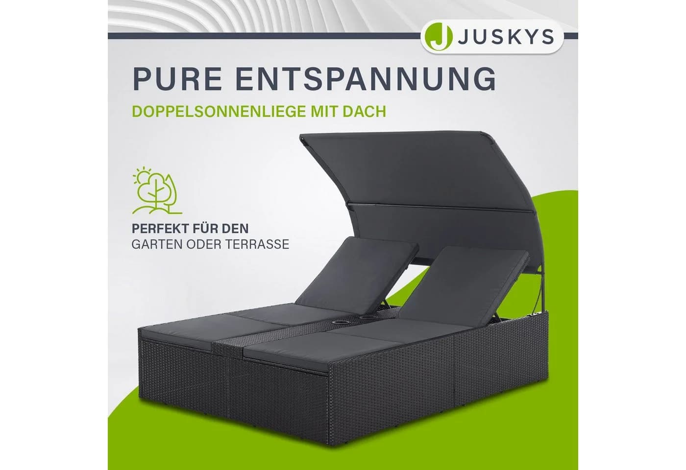 Juskys Polyrattan Doppelliege Syros Schwarz mit Dach & Auflagen - Bild 2