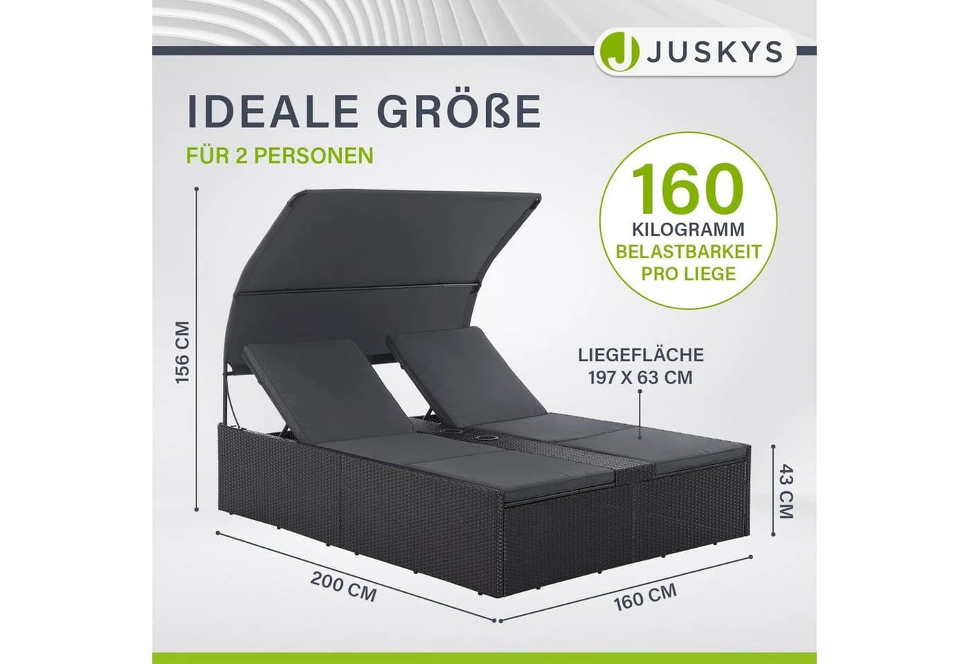 Juskys Polyrattan Doppelliege Syros Schwarz mit Dach & Auflagen - Bild 4