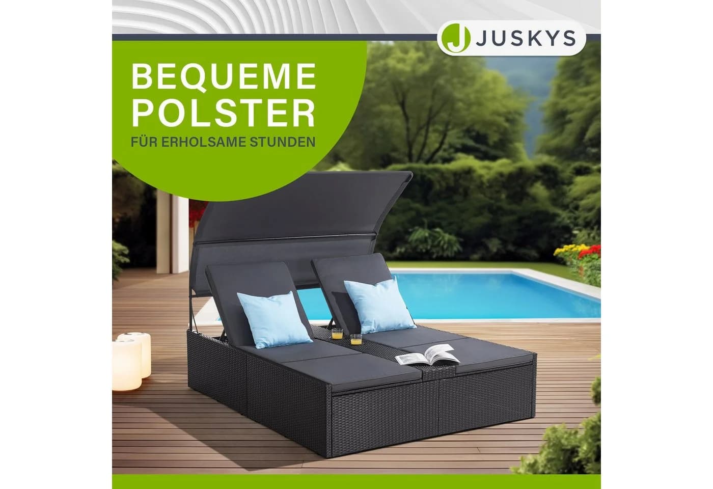 Juskys Polyrattan Doppelliege Syros Schwarz mit Dach & Auflagen - Bild 5