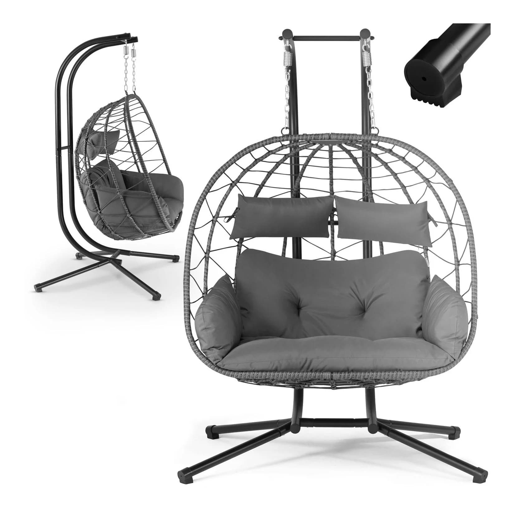 Juskys Doppelhängesessel Aria Grau Polyrattan mit Gestell & Kissen