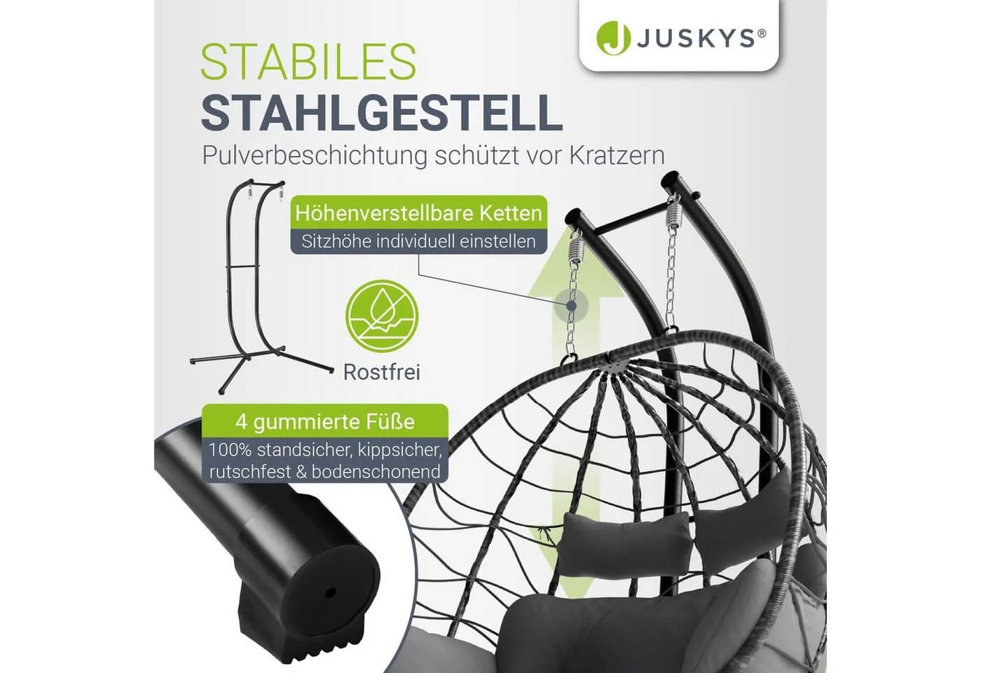 Juskys Doppelhängesessel Aria Grau Polyrattan mit Gestell & Kissen - Bild 2