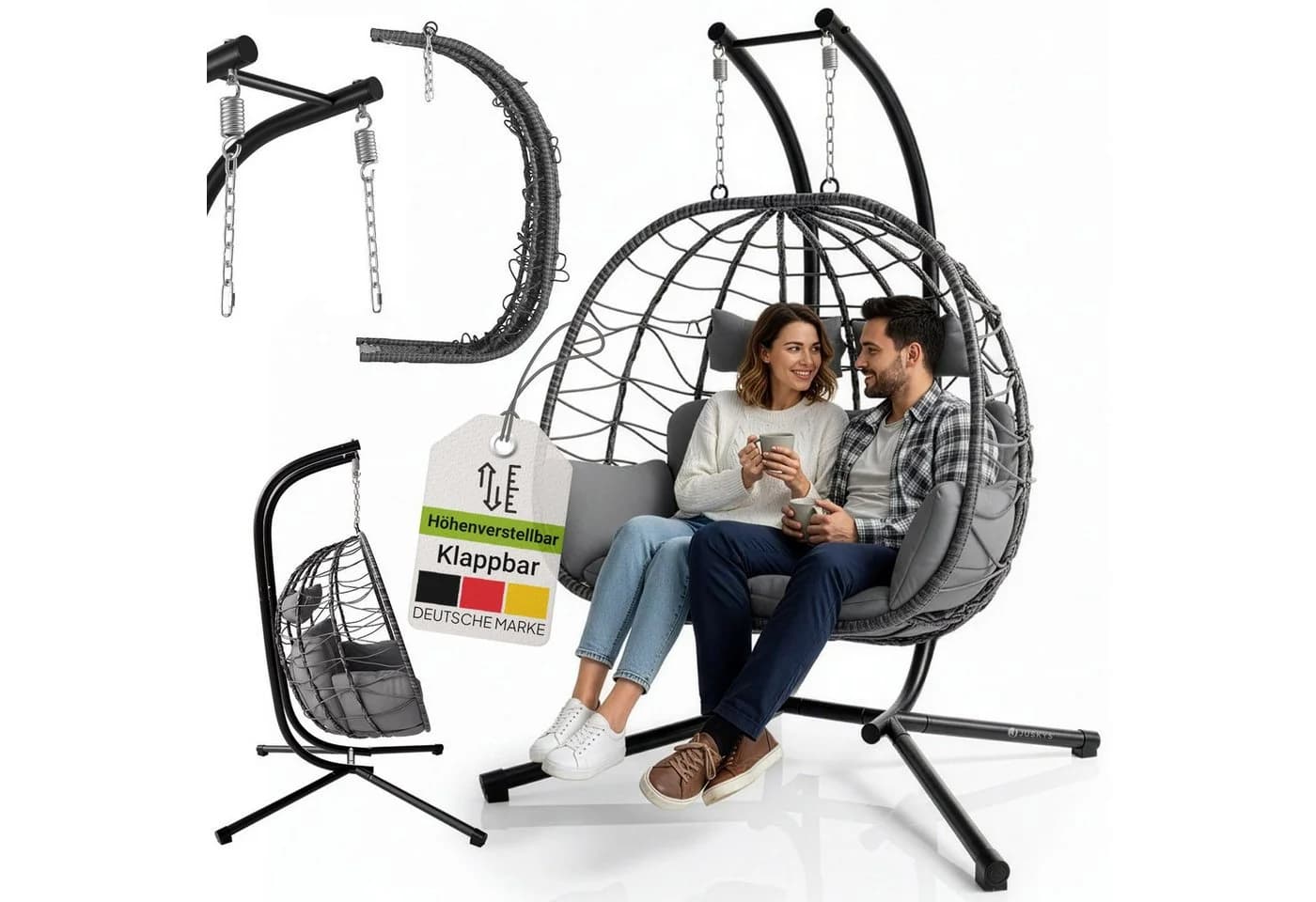 Juskys Doppelhängesessel Aria Grau Polyrattan mit Gestell & Kissen - Bild 3