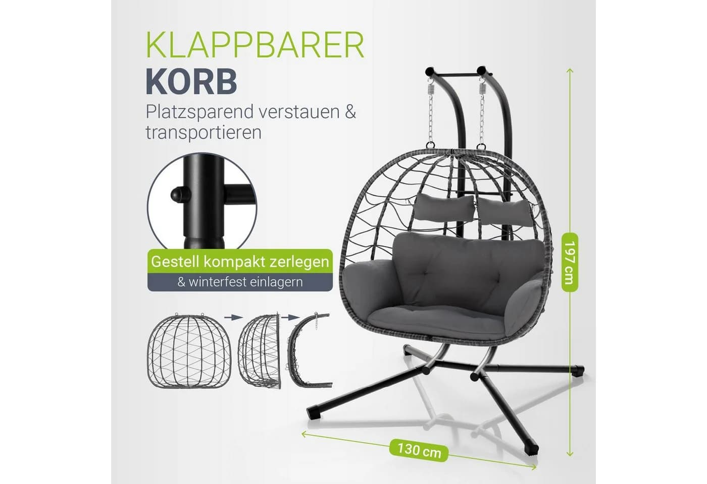 Juskys Doppelhängesessel Aria Grau Polyrattan mit Gestell & Kissen - Bild 4