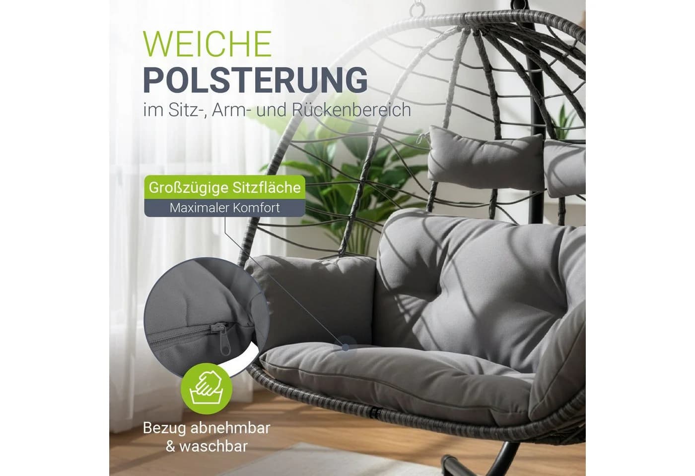 Juskys Doppelhängesessel Aria Grau Polyrattan mit Gestell & Kissen - Bild 5
