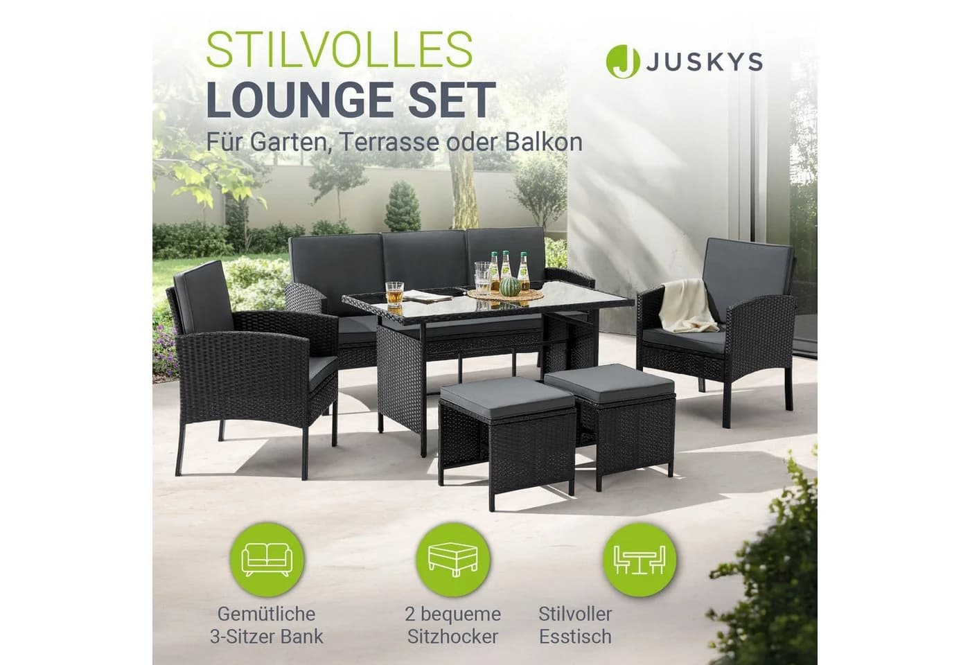 Juskys Gartenlounge-Set Turin 6-tlg. Schwarz Polyrattan - Bild 2