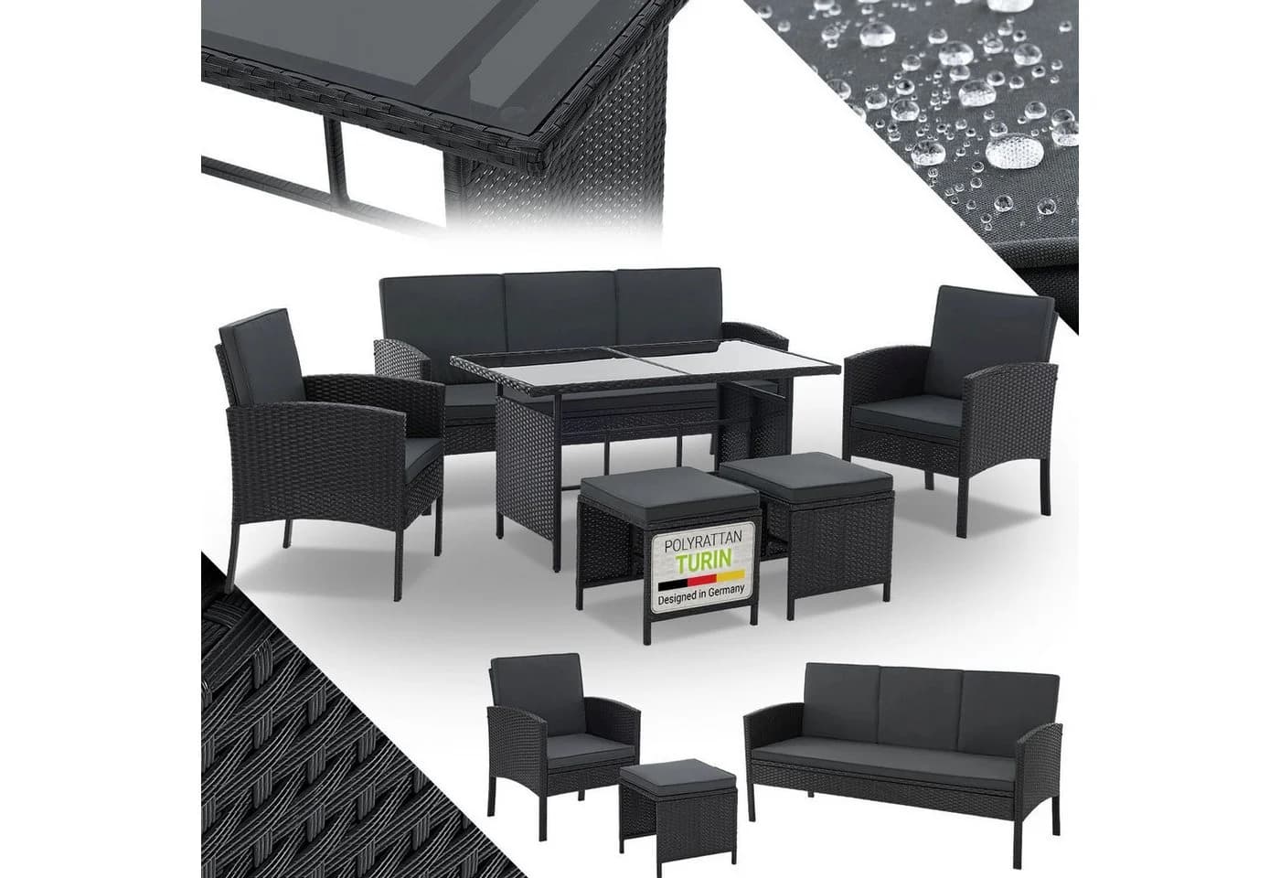 Juskys Gartenlounge-Set Turin 6-tlg. Schwarz Polyrattan - Bild 3