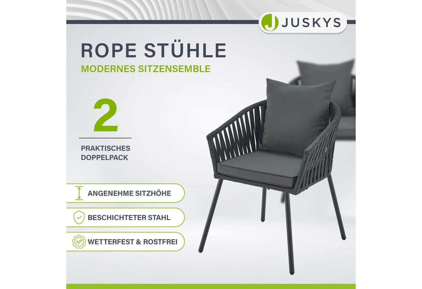 Juskys Rope Stühle 2er Set Grau Schwarz Wetterfest mit Kissen - Bild 2