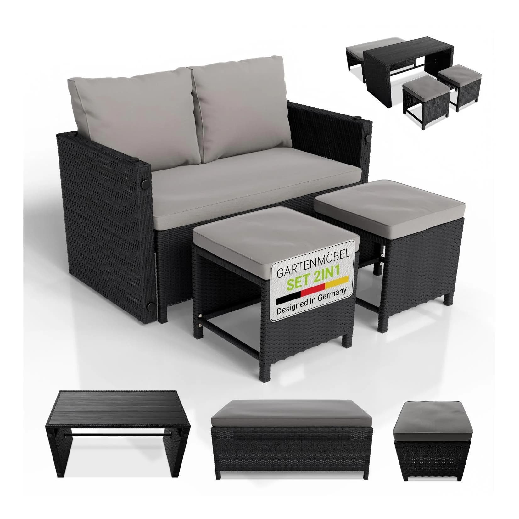 Juskys 2in1 Polyrattan Gartenlounge Set Jamaika Schwarz/Grau