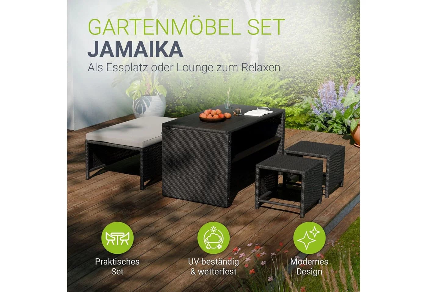 Juskys 2in1 Polyrattan Gartenlounge Set Jamaika Schwarz/Grau - Bild 2