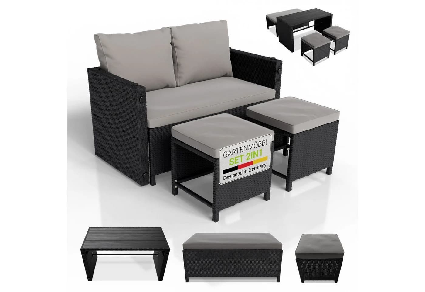 Juskys 2in1 Polyrattan Gartenlounge Set Jamaika Schwarz/Grau - Bild 3