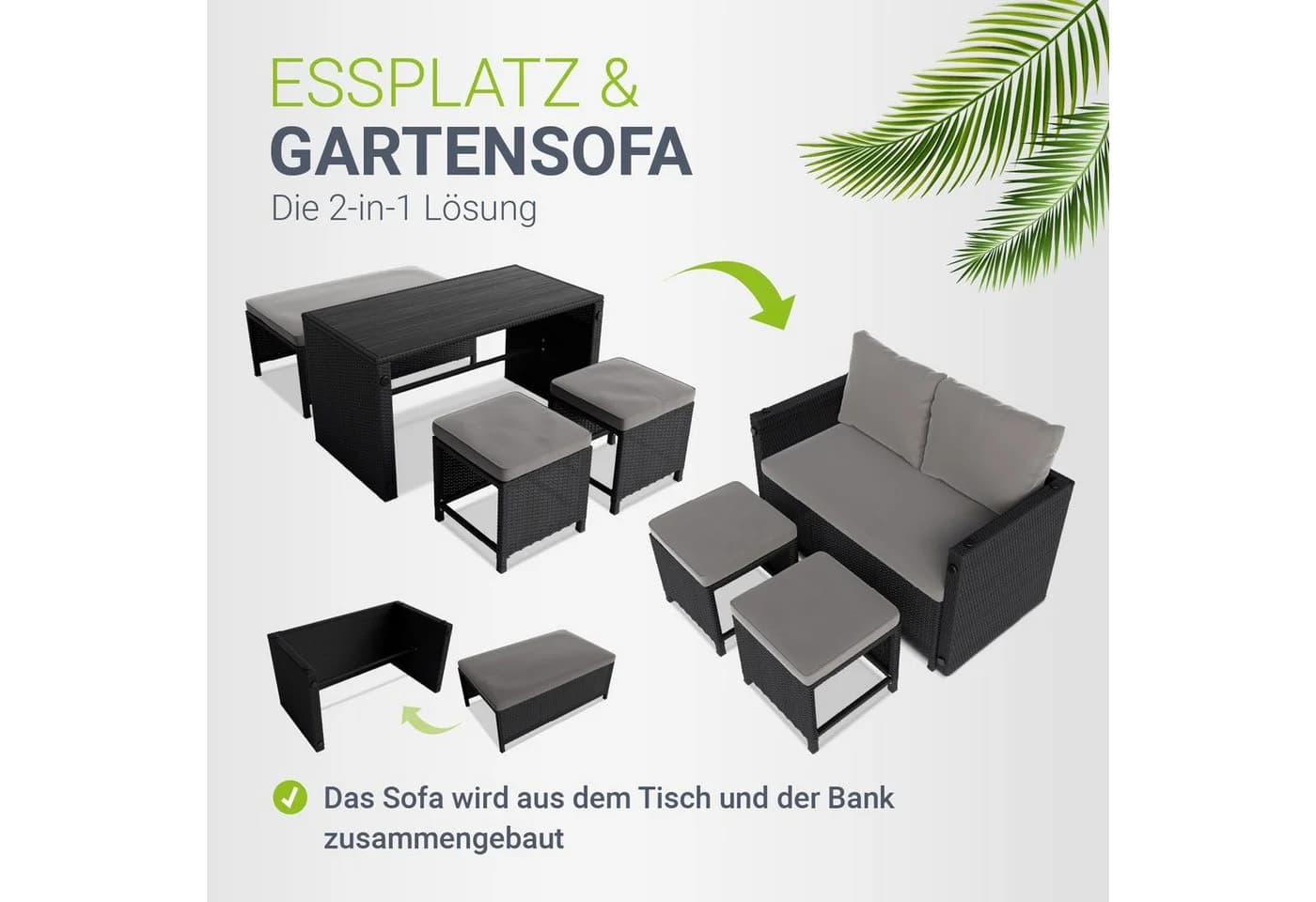 Juskys 2in1 Polyrattan Gartenlounge Set Jamaika Schwarz/Grau - Bild 4