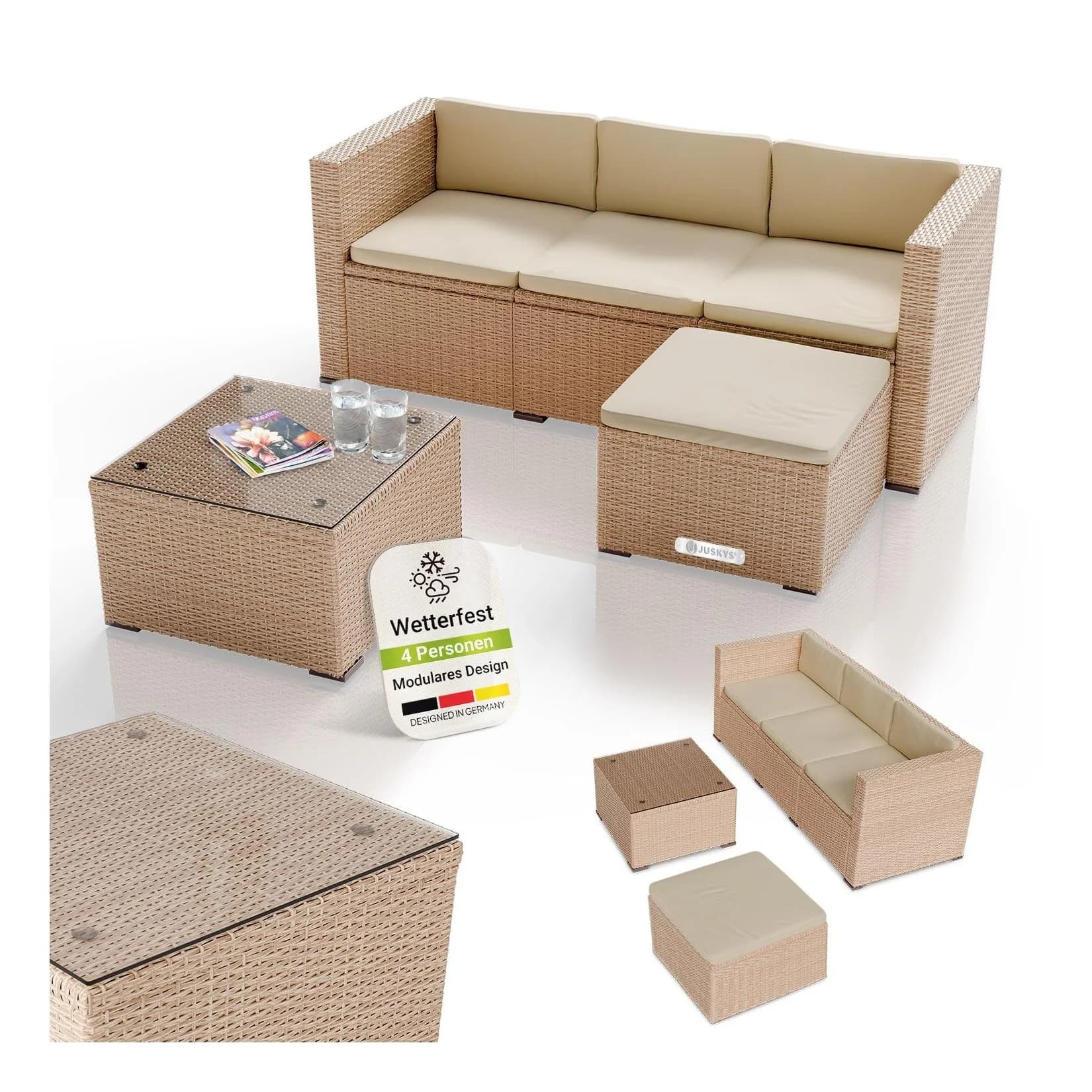 Juskys Polyrattan Lounge Punta Cana M Creme 3-4 Personen Sofa Tisch Hocker