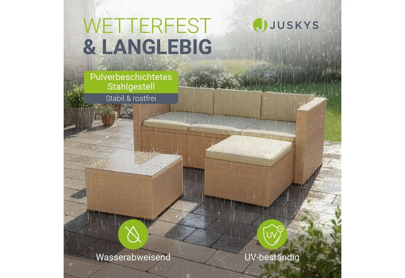 Juskys Polyrattan Lounge Punta Cana M Creme 3-4 Personen Sofa Tisch Hocker - Bild 2