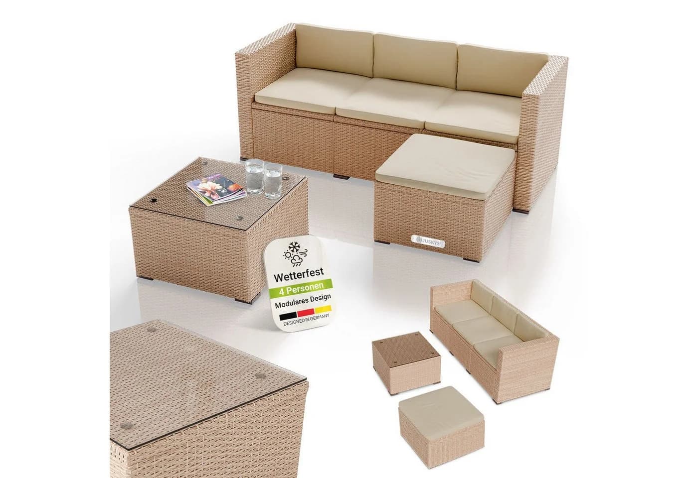 Juskys Polyrattan Lounge Punta Cana M Creme 3-4 Personen Sofa Tisch Hocker - Bild 3