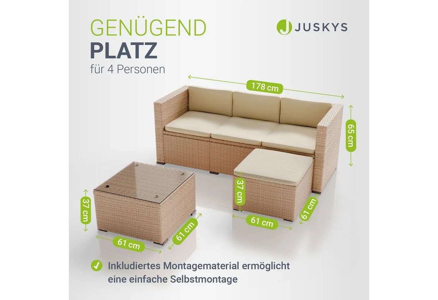 Juskys Polyrattan Lounge Punta Cana M Creme 3-4 Personen Sofa Tisch Hocker - Bild 5