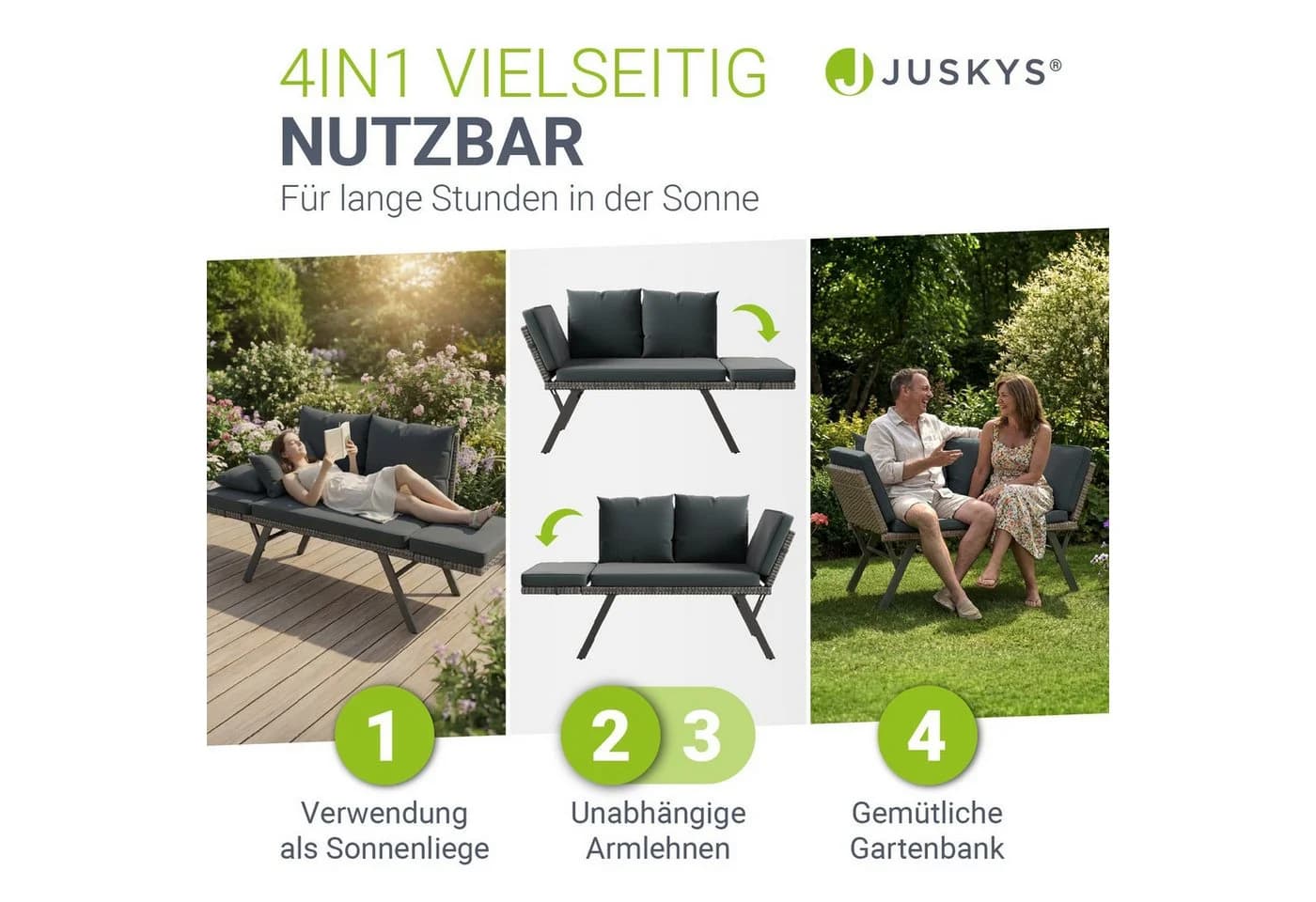 Juskys Multifunktionsbank Calvia Grau Polyrattan Klappbar - Bild 2