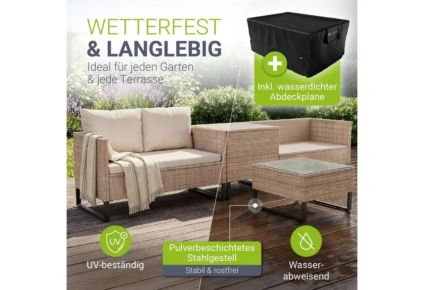 Juskys Polyrattan Lounge Santorini Creme Outdoor Sitzecke - Bild 2