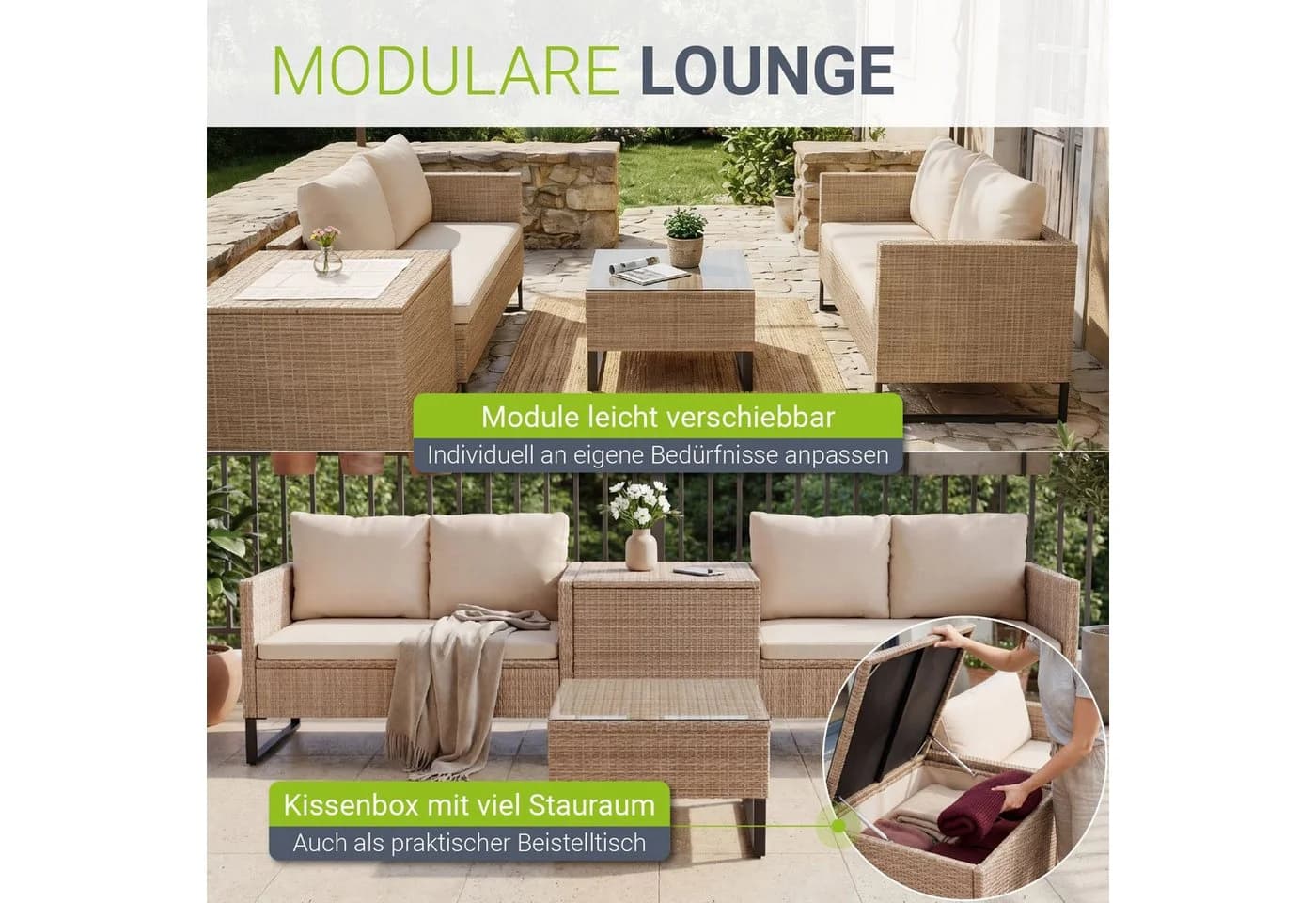 Juskys Polyrattan Lounge Santorini Creme Outdoor Sitzecke - Bild 5