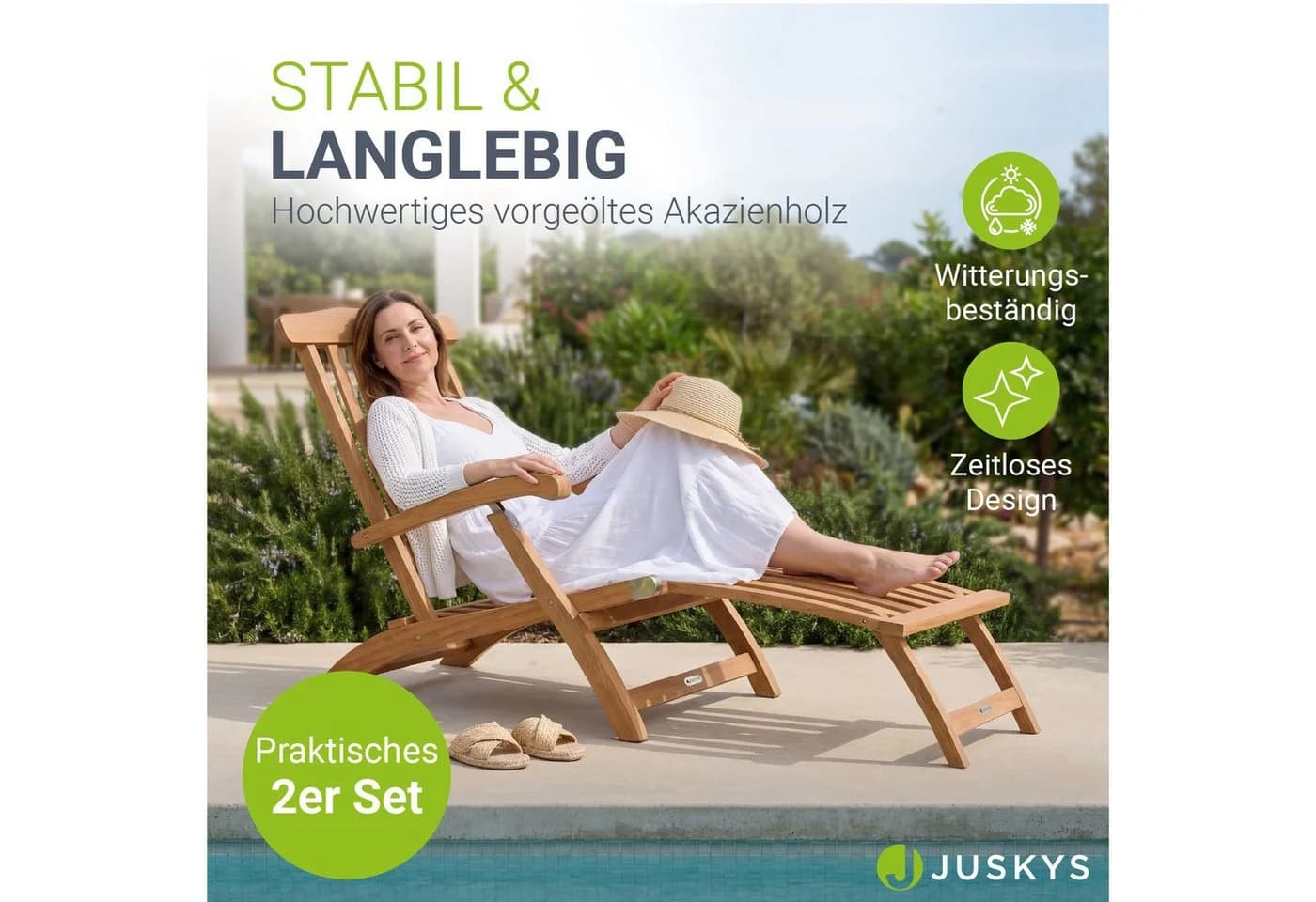 Juskys Sonnenliege Evia 2er Set klappbar Akazienholz - Bild 2