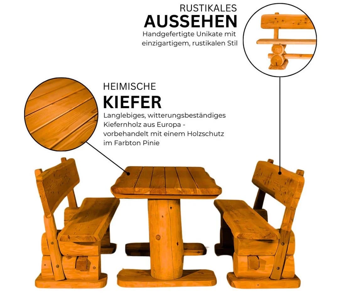 Mega-Holz Garten-Essgruppe Rustikal Kiefer mit Sitzauflagen
