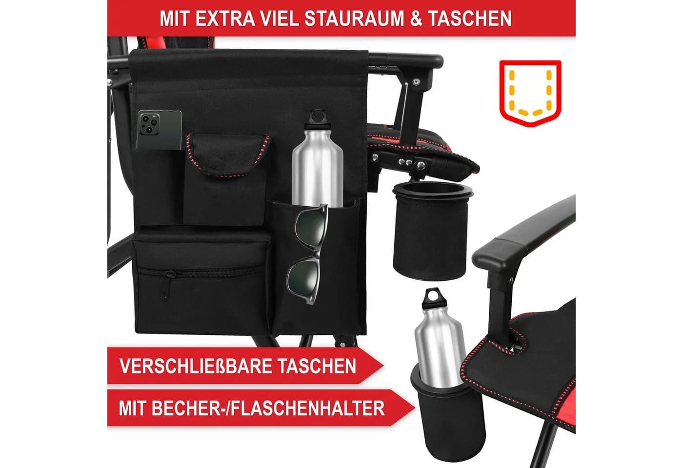 Onbest Campingstuhl Rot Faltbar 150kg Tragetasche - Bild 3
